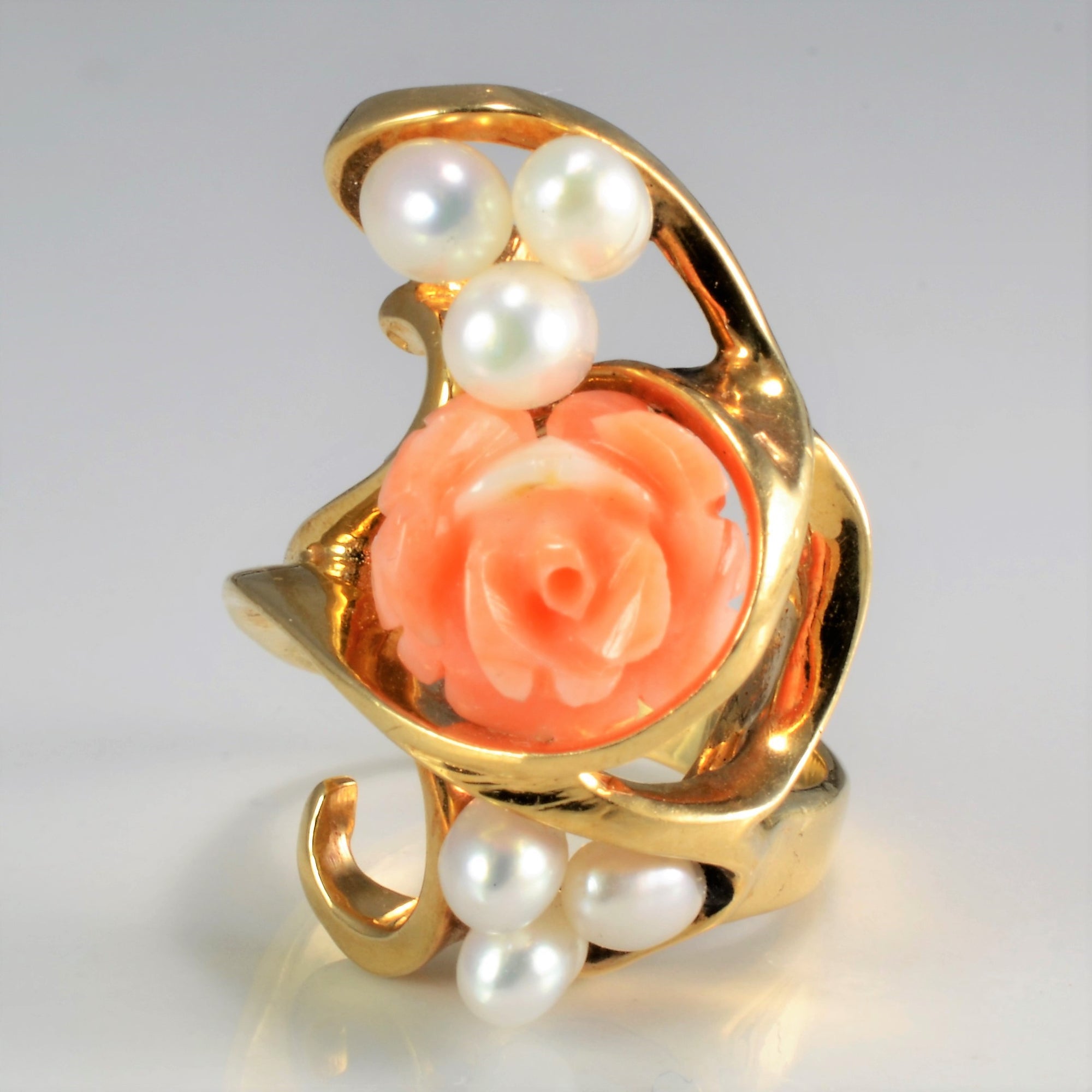 Designer Floral Coral & Multi Pearl Ring | SZ 5 |