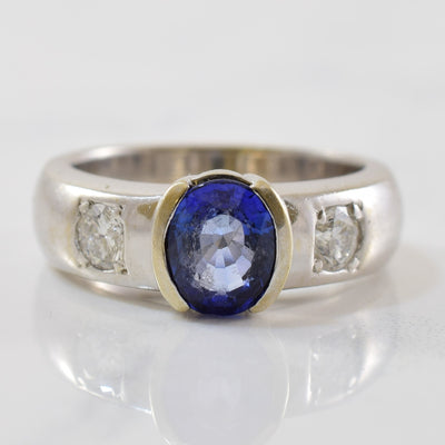 Half Bezel Blue Sapphire & Diamond Three Stone Ring | 1.50ct, 0.30ctw | SZ 6.25 |