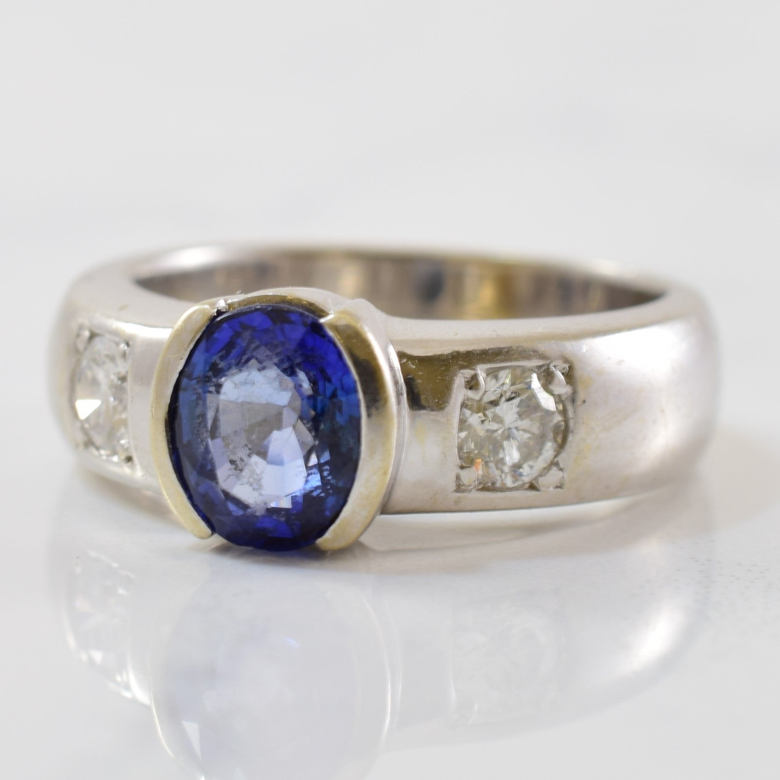 Half Bezel Blue Sapphire & Diamond Three Stone Ring | 1.50ct, 0.30ctw | SZ 6.25 |