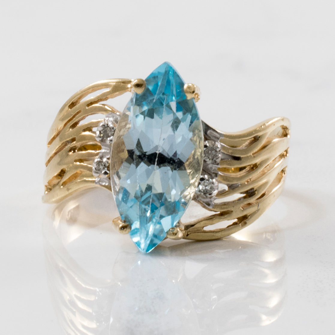 Marquise Blue Topaz Wave Ring | 3.40ct, 0.02ctw | SZ 8 |