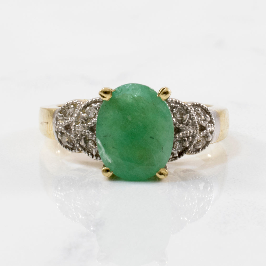 Milgrain & Diamond Detailed Oval Emerald Ring | 2.30ct , 0.04ctw | SZ 6.5 |