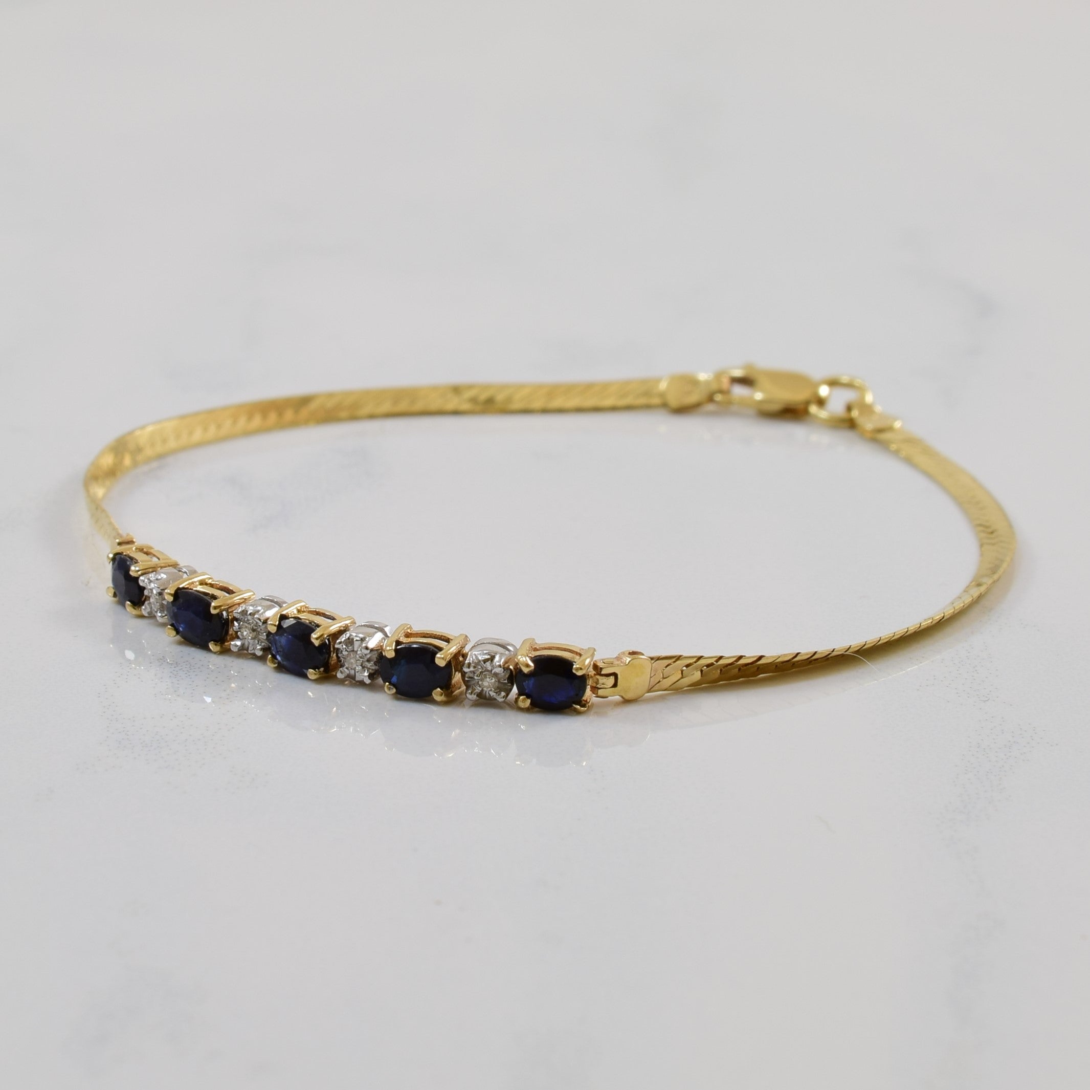 Blue Sapphire & Diamond Herringbone Bracelet | 1.20ctw, 0.02ctw | 6.5" |