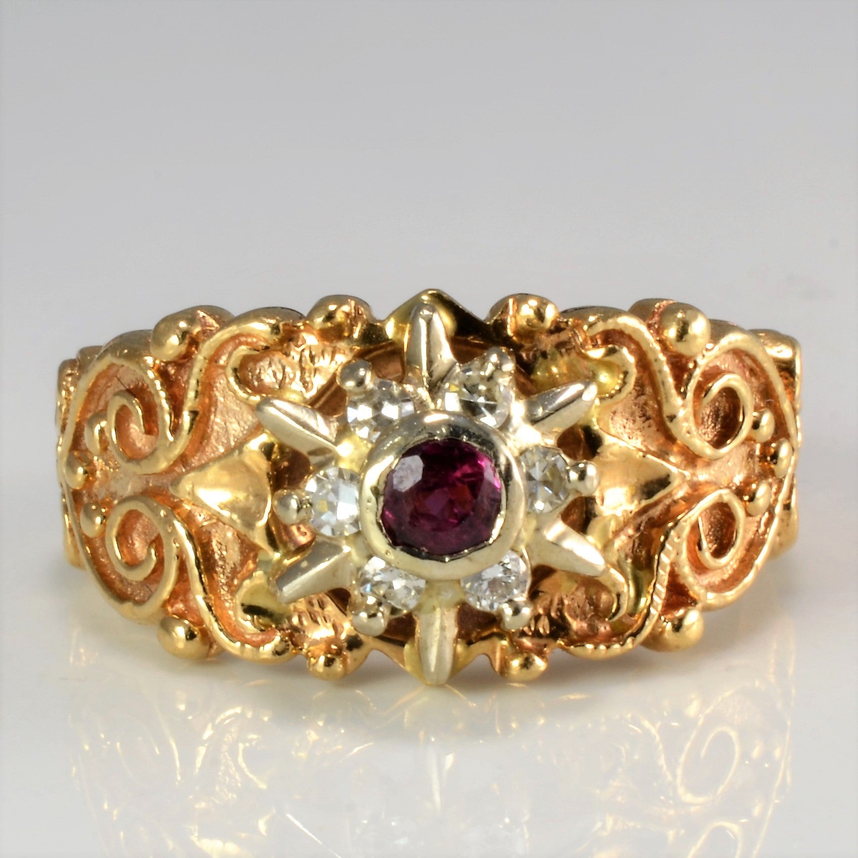 Art Nouveau Inspired Ruby & Diamond Ring | 0.12 ctw, SZ 6.25 |