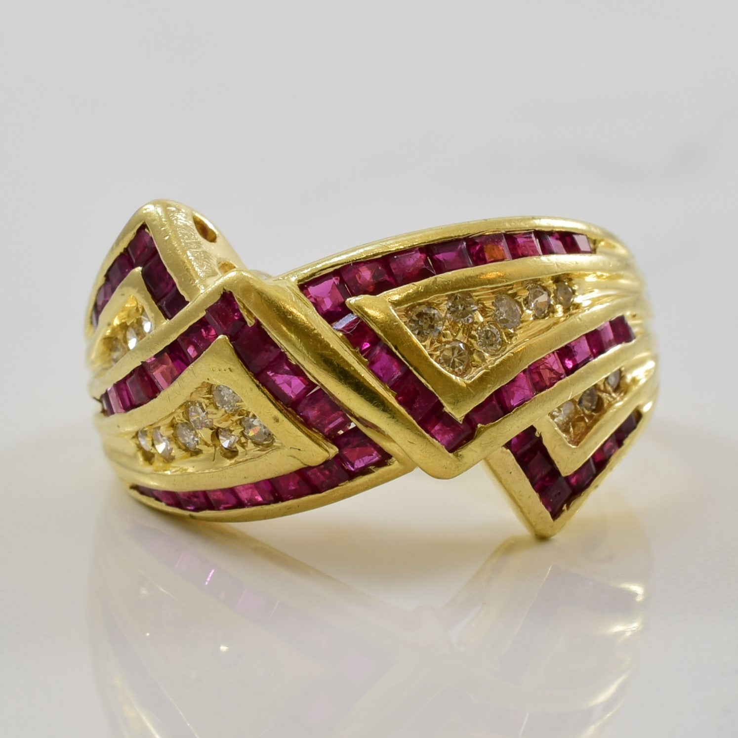 Geometric Ruby & Diamond Bypass Ring | 1.10ctw, 0.10ctw | SZ 6.25 |