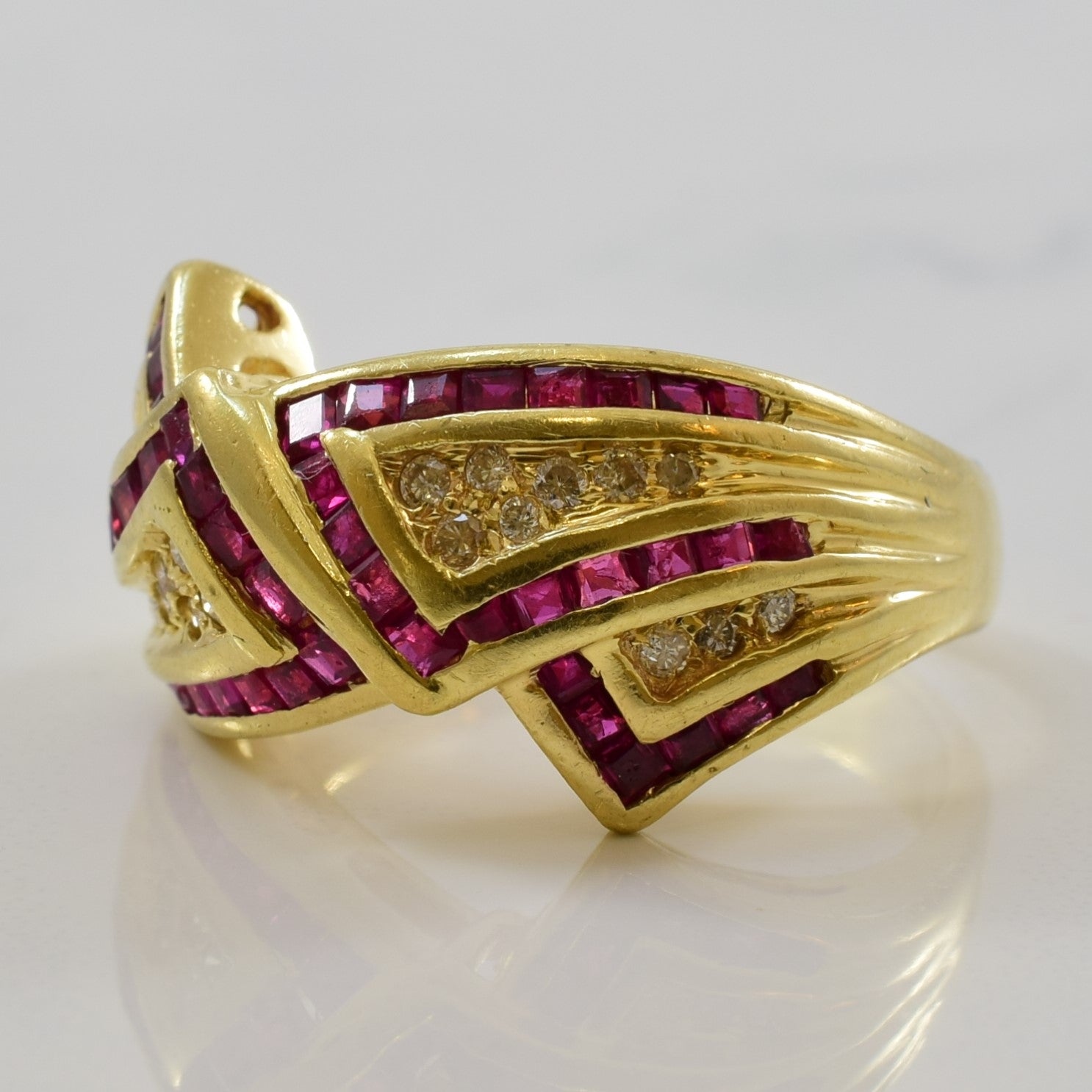 Geometric Ruby & Diamond Bypass Ring | 1.10ctw, 0.10ctw | SZ 6.25 |