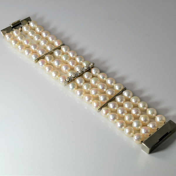 Multi Row Pearl & Diamond Chain 19k Bracelet | 0.10ctw | 7.5