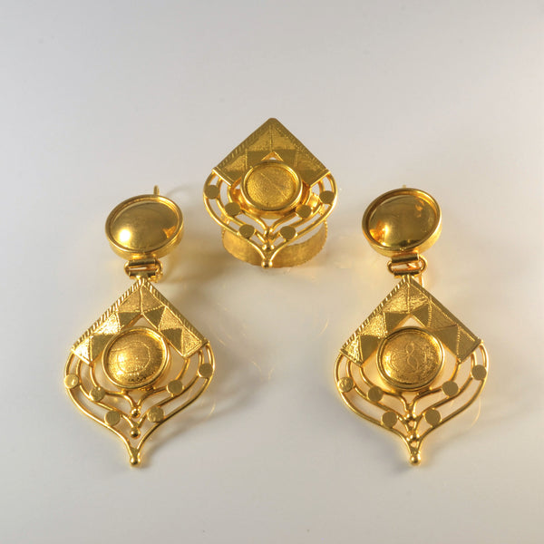 21k Yellow Gold Drop Earrings & Ring Set |