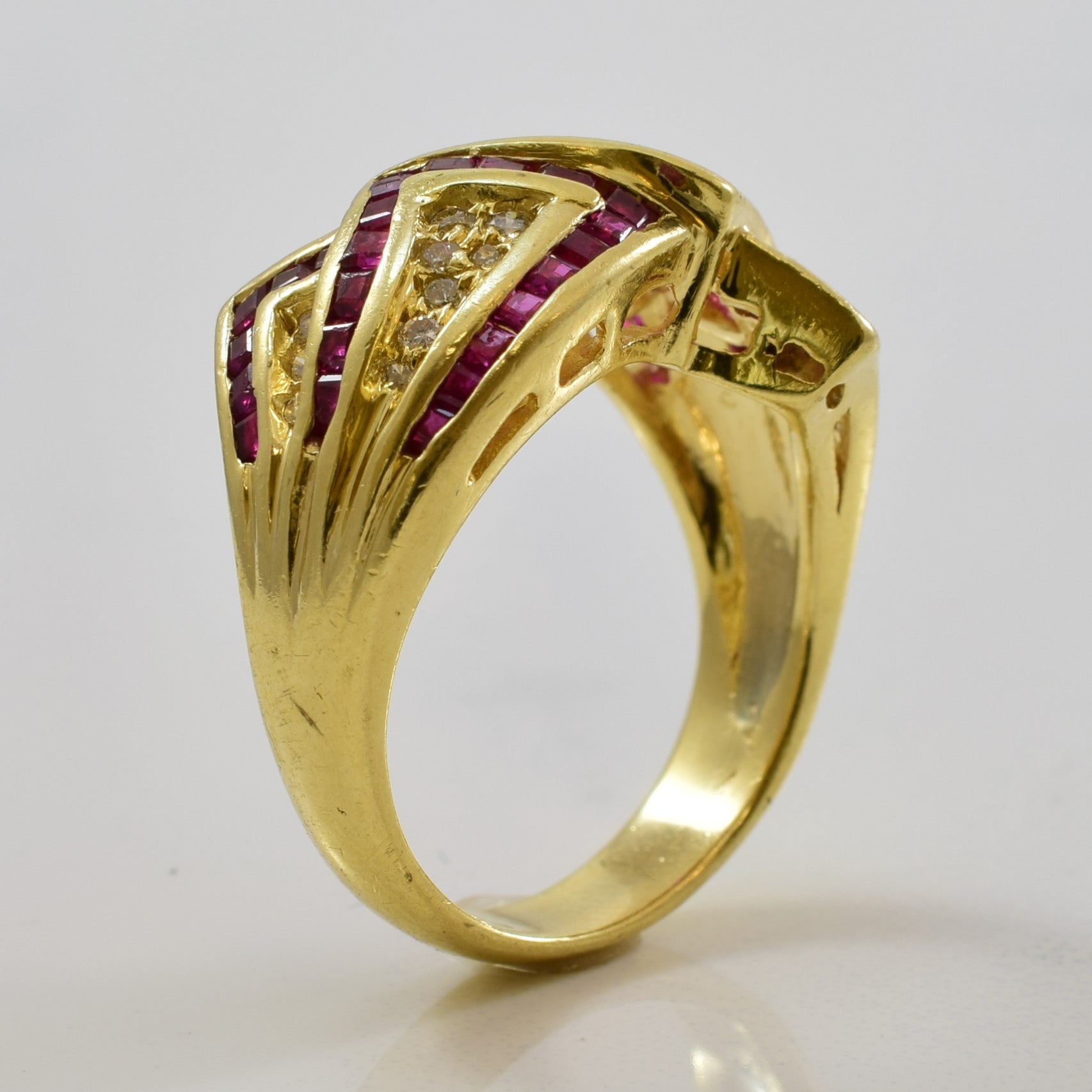 Geometric Ruby & Diamond Bypass Ring | 1.10ctw, 0.10ctw | SZ 6.25 |