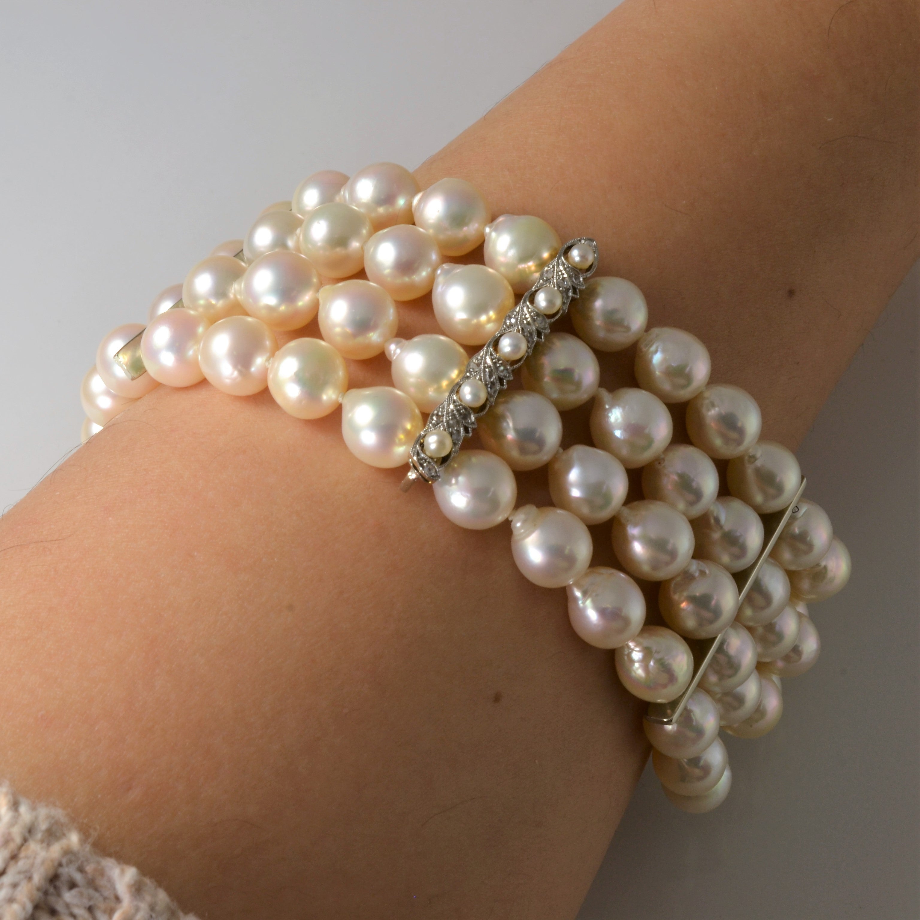 Multi Row Pearl & Diamond Chain 19k Bracelet | 0.10ctw | 7.5"|