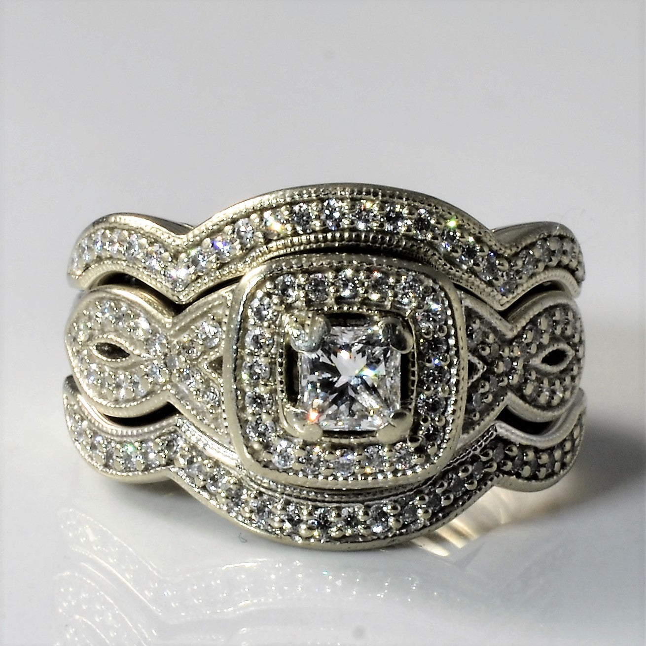Soldered Three Band Halo Wedding Set | 0.85ctw | SZ 5.5 |
