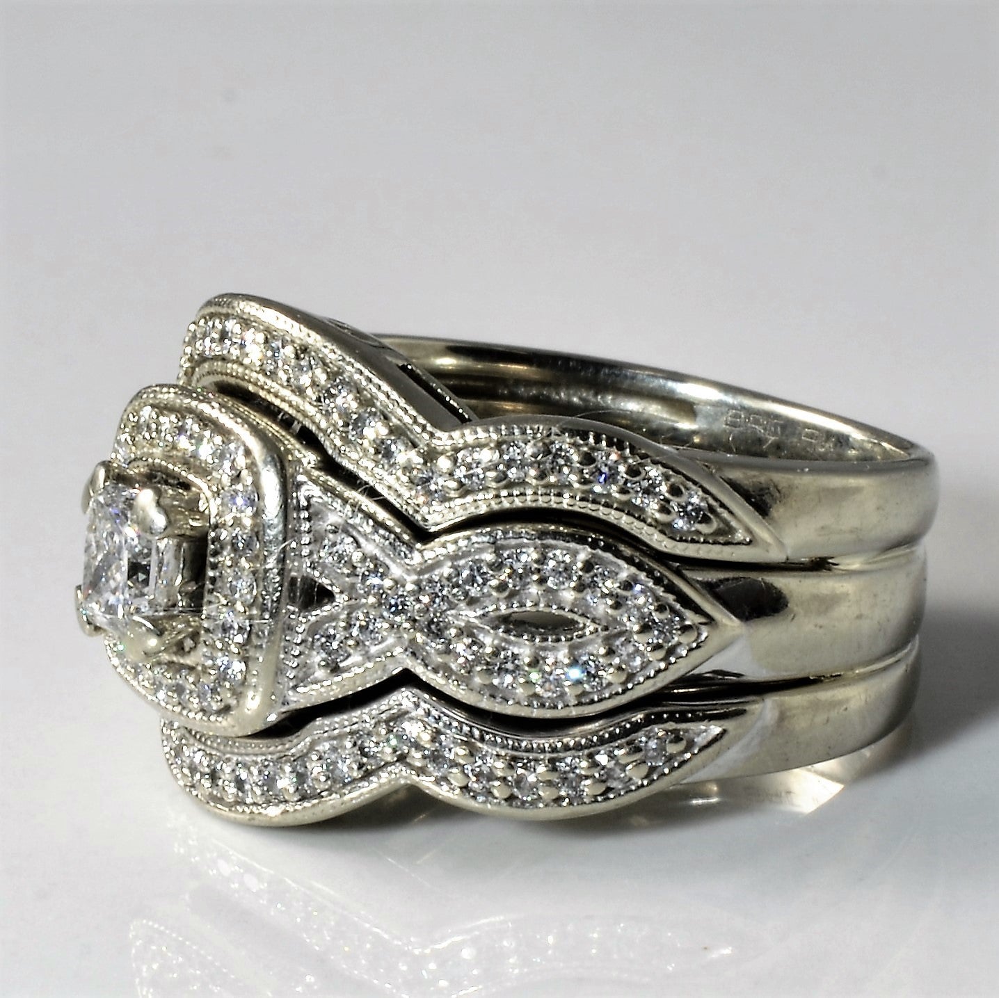Soldered Three Band Halo Wedding Set | 0.85ctw | SZ 5.5 |