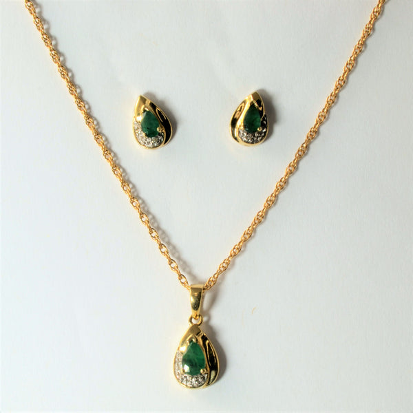 Pear Shape Emerald & Diamond Pendant Necklace & Earrings Set | 0.60ctw | 0.05ctw | 18