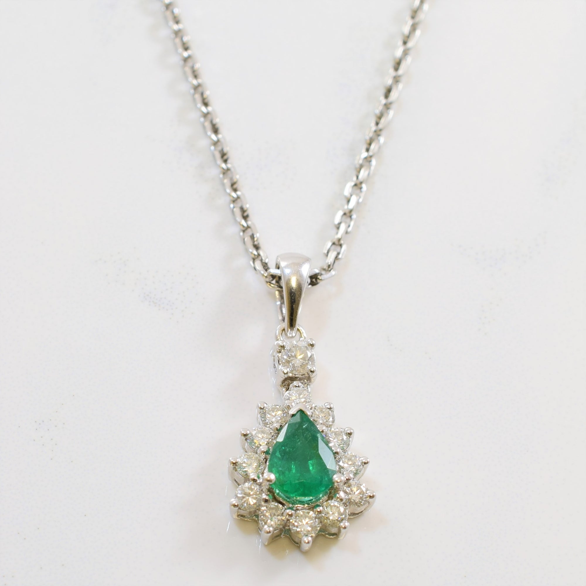 Pear Cut Emerald Halo Necklace | 0.40ctw, 0.75ct | 17