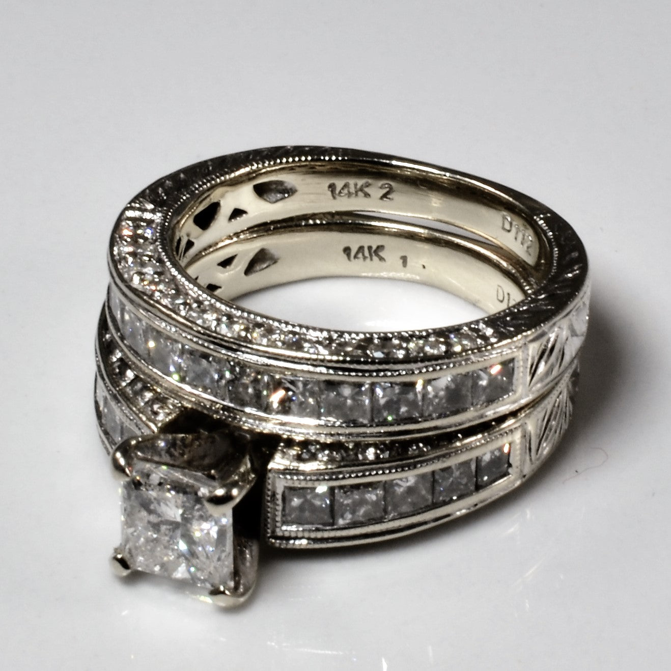 Art Deco Inspired Princess Diamond Wedding Set | 3.19ctw | SZ 5.25 |