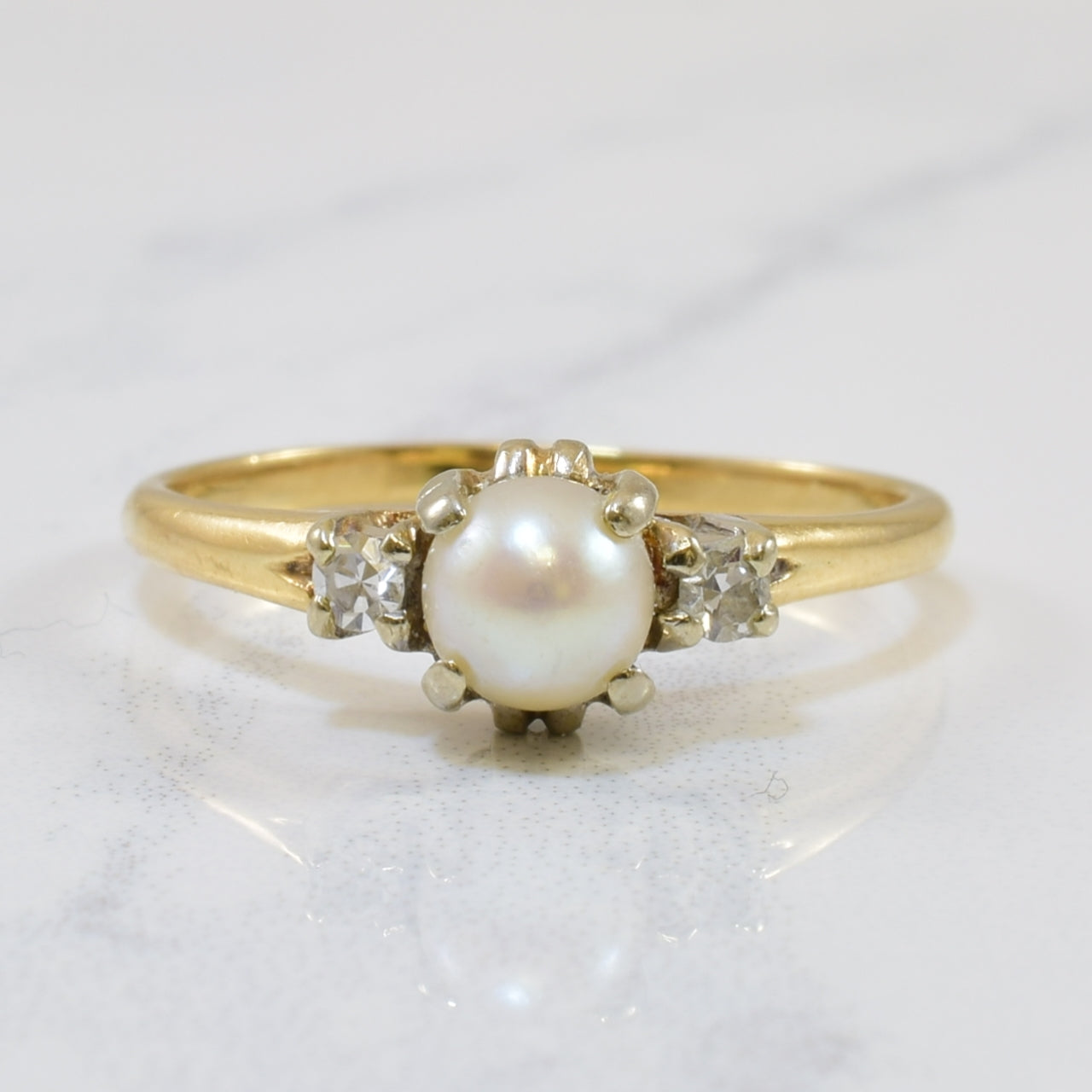 Three Stone Pearl & Diamond Ring | 0.90ct, 0.06ctw | SZ 7.5 |