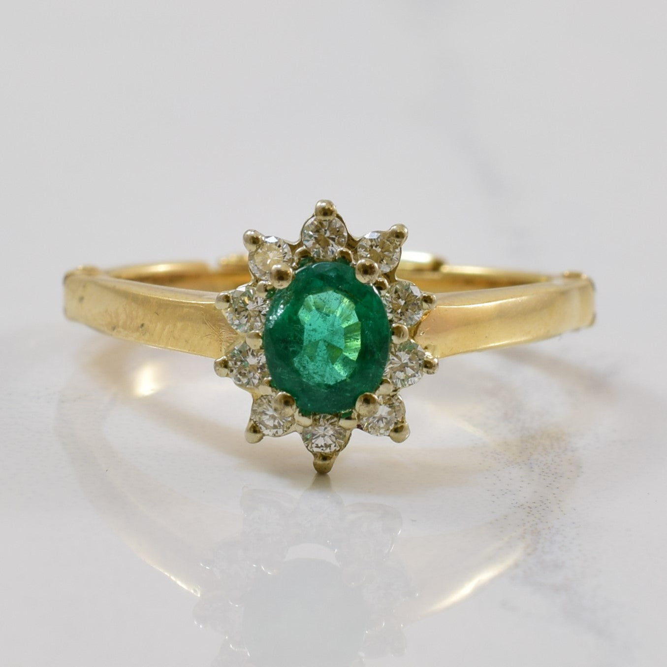 Arthritic Shank Emerald & Diamond Halo Ring | 0.50ct, 0.22ctw | SZ 7.75 |