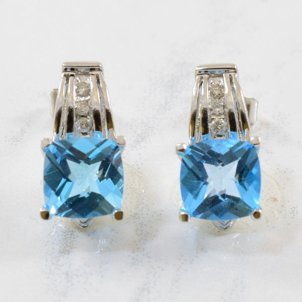 Cushion Cut Blue Topaz & Diamond Earrings | 0.04ctw, 3.30ctw |
