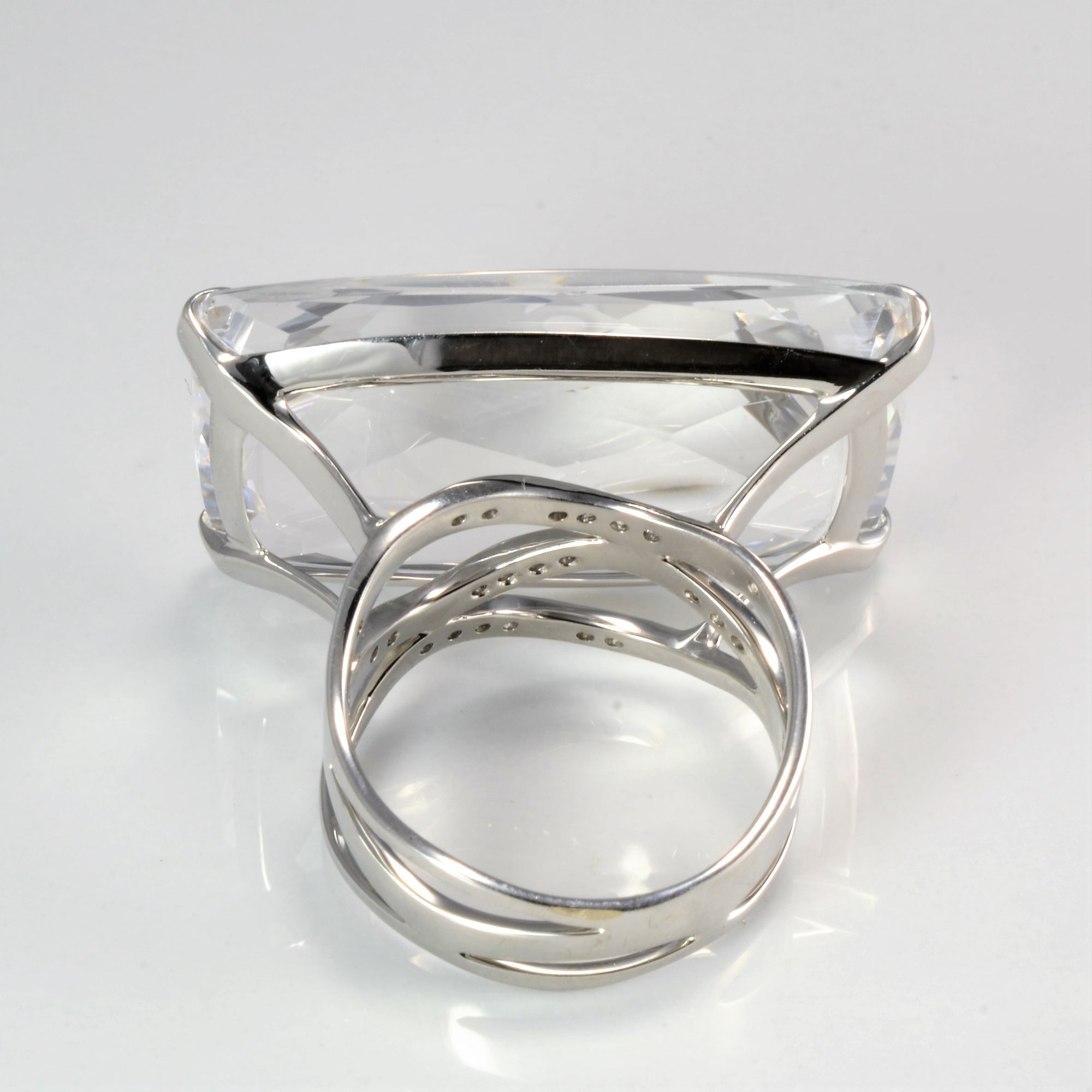 Wide Prong Set Rock Crystal Quartz & Diamond Ring | SZ 8.5 |