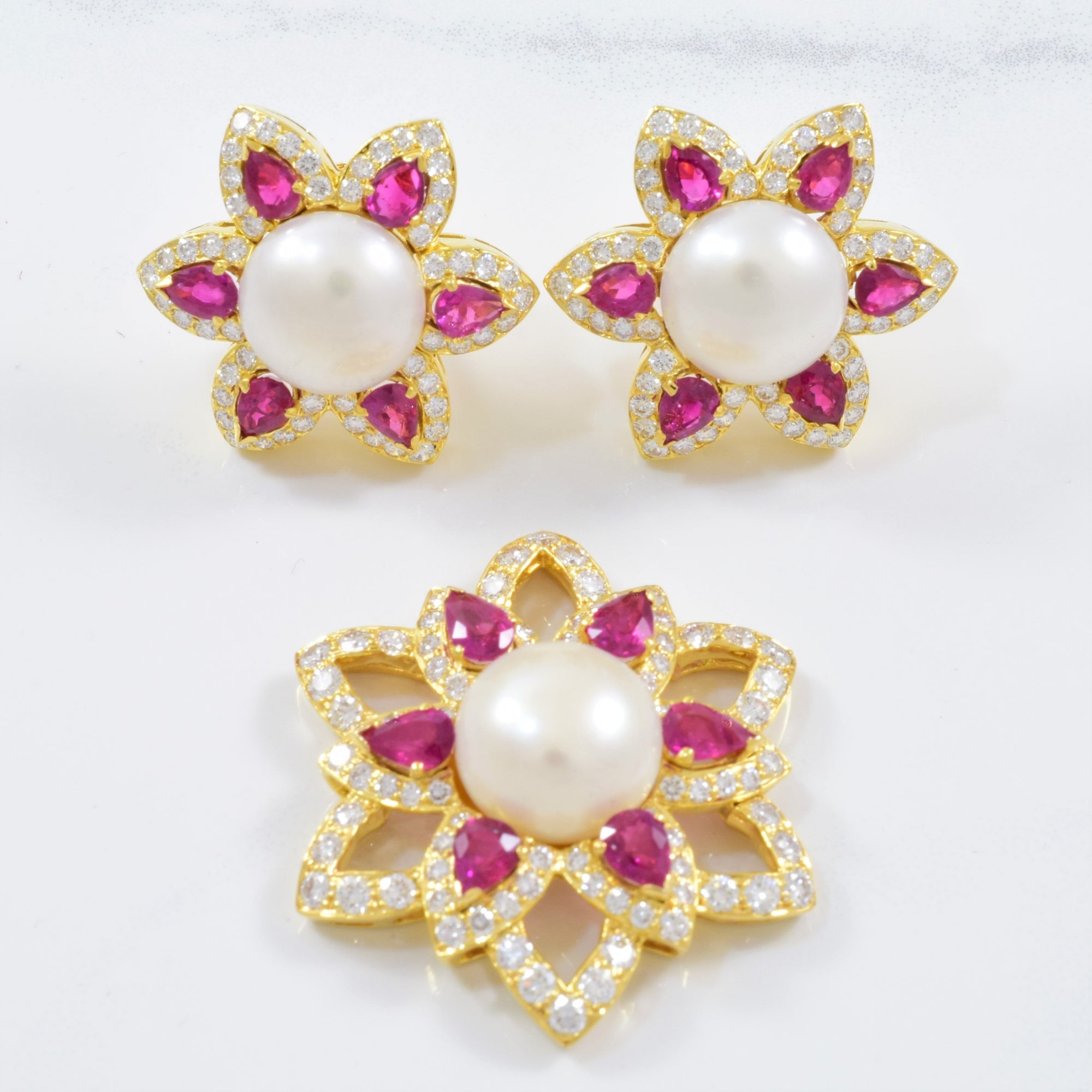 Diamond & Ruby Floral Pearl Earrings and Pendant Set | 3.23ctw |