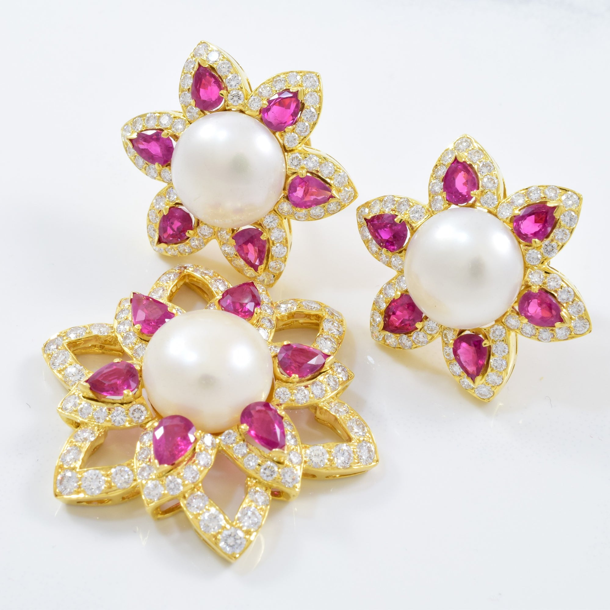 Diamond & Ruby Floral Pearl Earrings and Pendant Set | 3.23ctw |