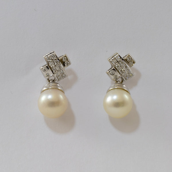 Diamond 'X' Pearl Drop Stud Earrings | 10.30ctw, 0.20ctw |