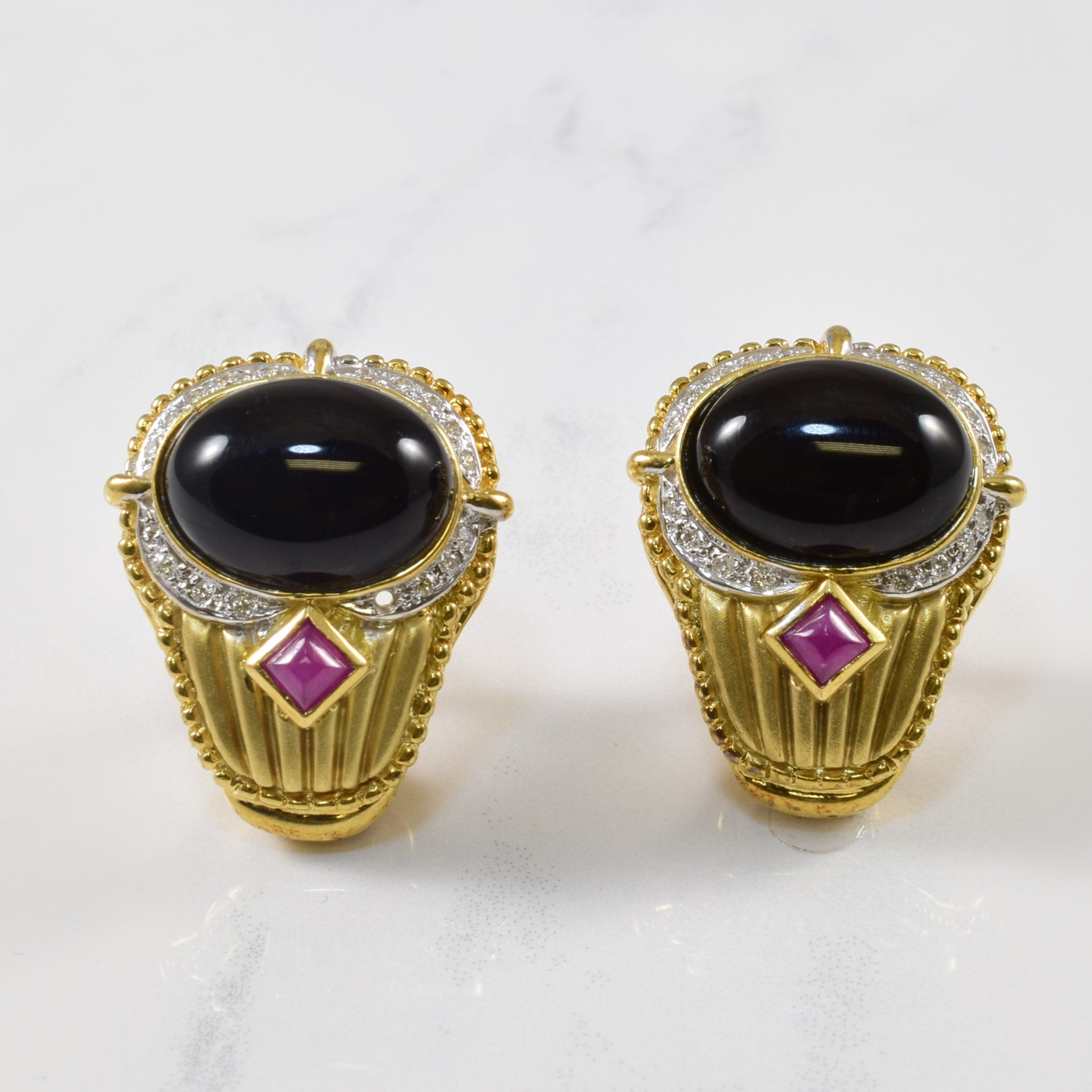 Onyx Cabochon & Ruby Earrings | 16.00ctw, 0.90ctw |