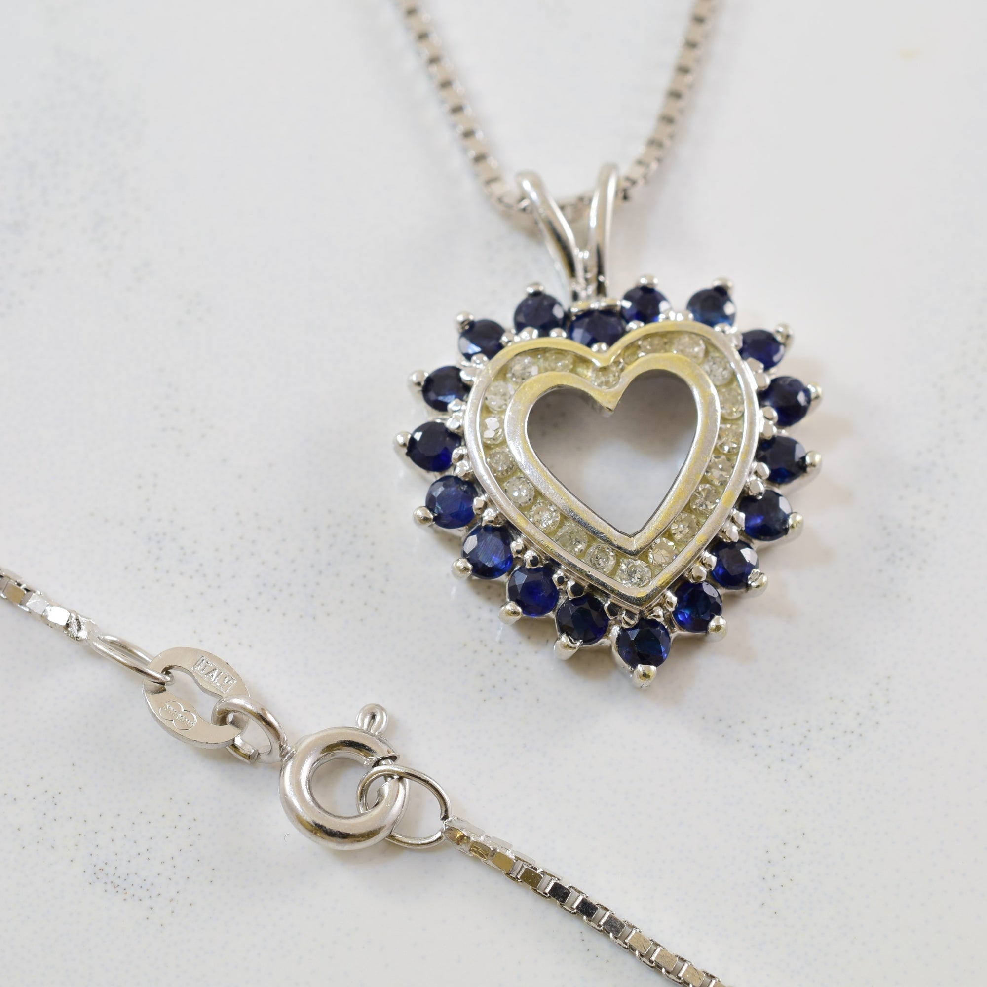 Blue Sapphire & Diamond Heart Necklace | 0.54ctw, 0.06ctw | 17
