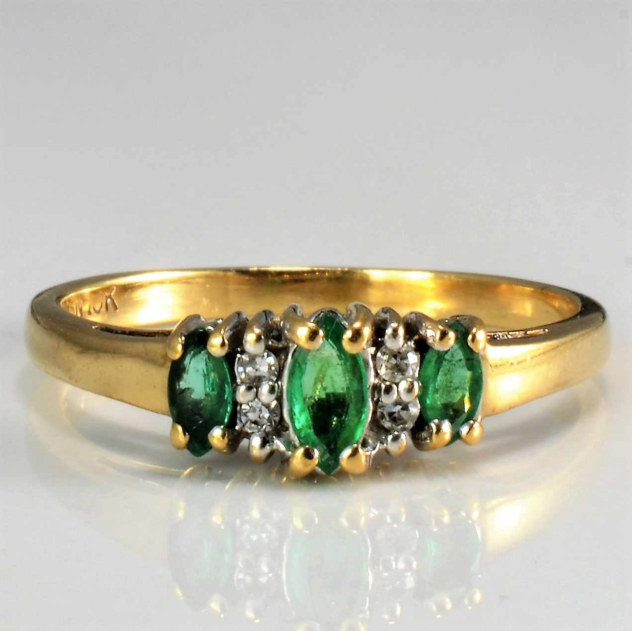 Three Stone Emerald & Diamond Ring | 0.04 ctw, SZ 6.5 |