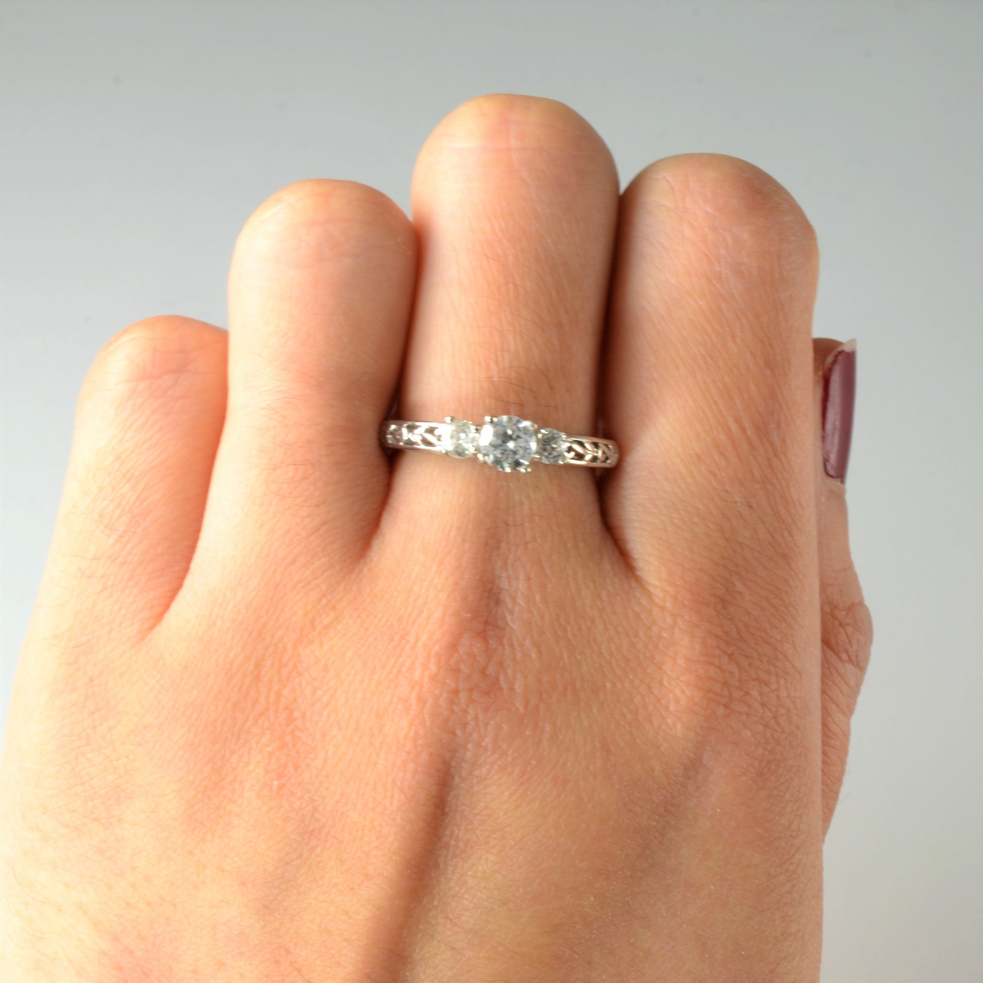 Filigree Three Stone Diamond Engagement Ring | 0.58ctw | SZ 6.75 |
