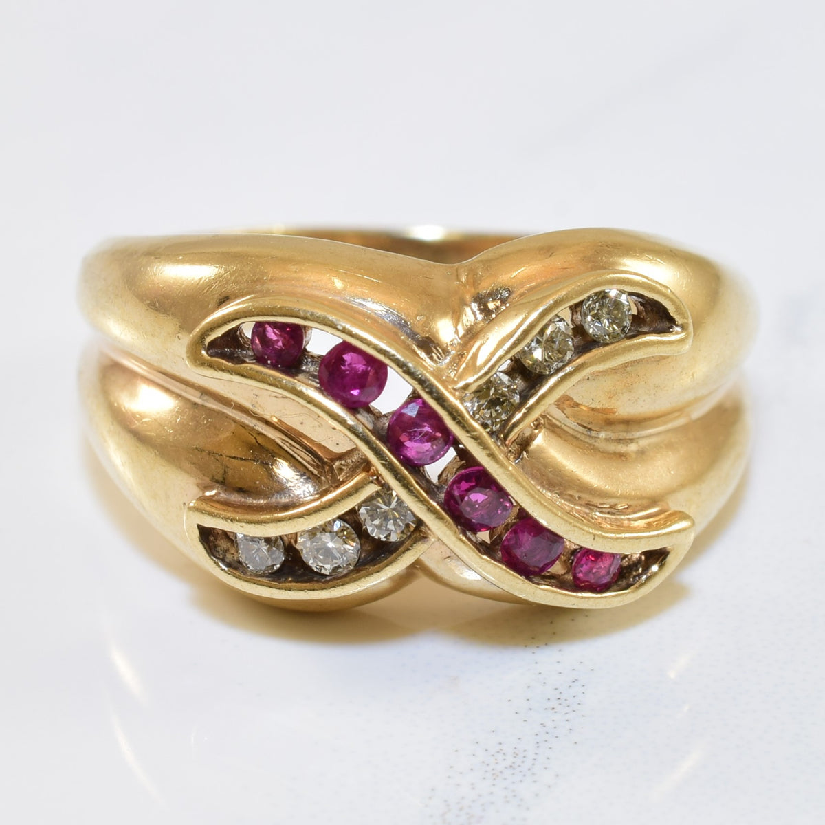 Channel Set Diamond & Ruby 'X' Ring | 0.12ctw, 0.18ctw | SZ 7.5