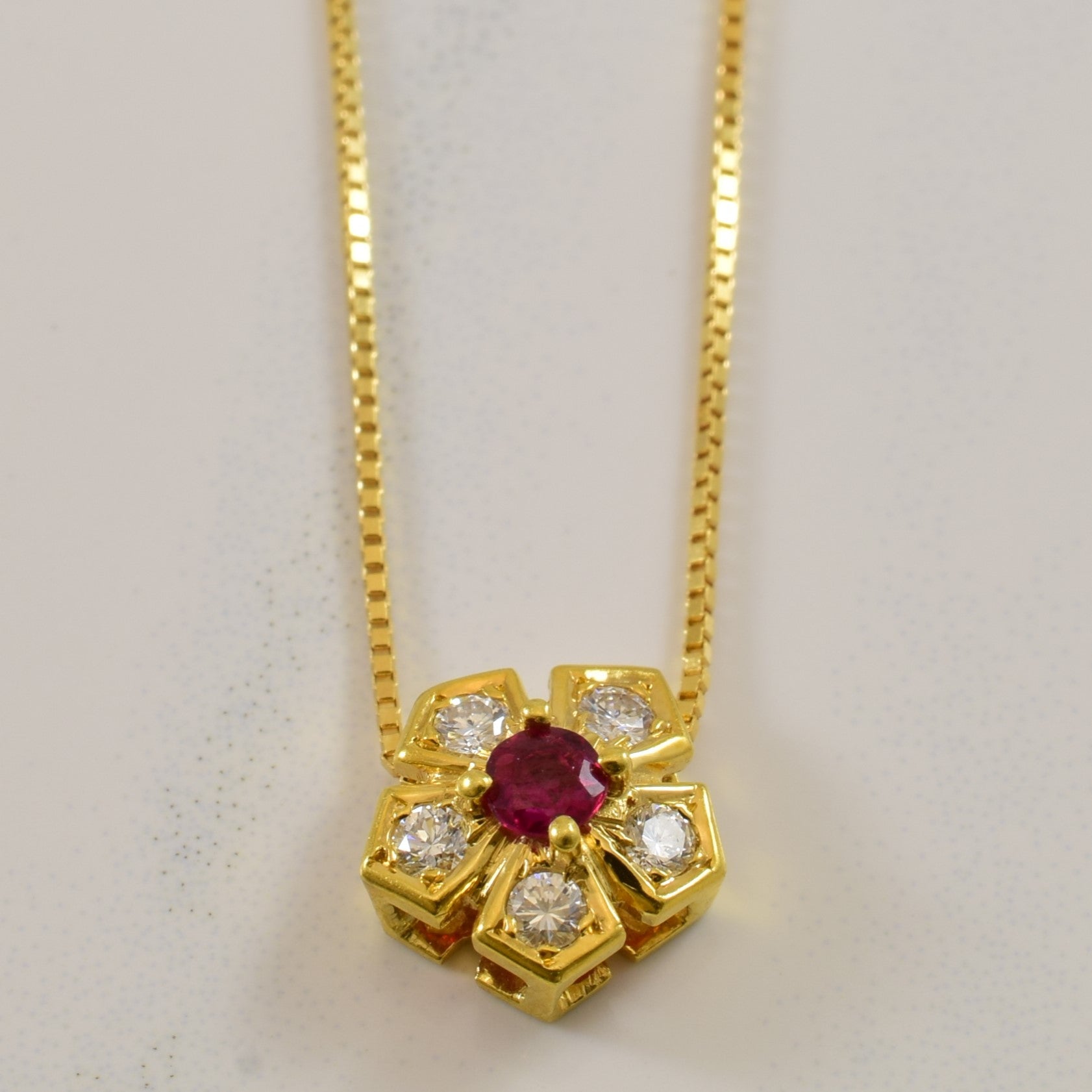 Yellow Gold Ruby & Diamond Flower Necklace | 0.11ct, 0.10ctw | 15.5