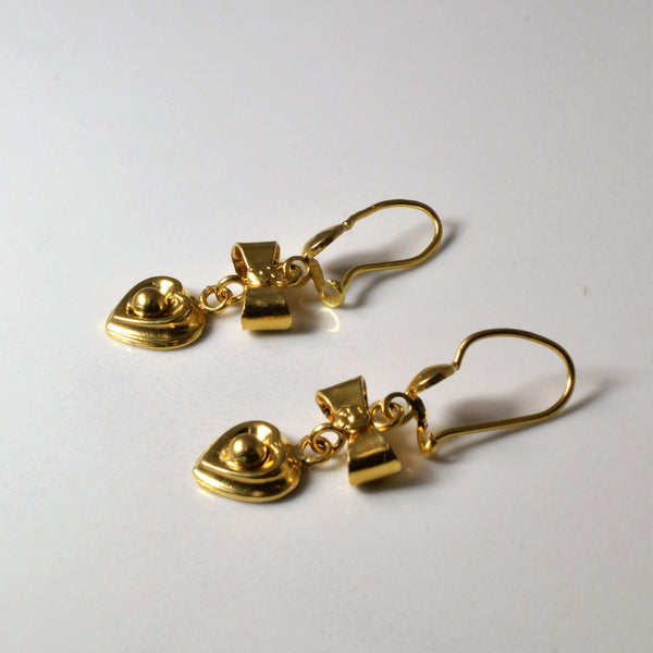 18k Yellow Gold Heart & Bow Design Dangle Earrings