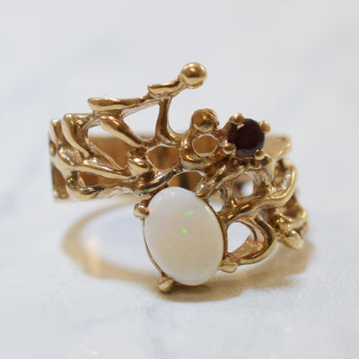 Opal & Garnet Open Work Bypass Ring | 0.60ct, 0.12ct | SZ 6 |