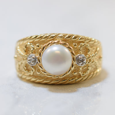 Button Pearl & Diamond Tapered Ring | 0.60ct, 0.01ctw | SZ 6.75 |