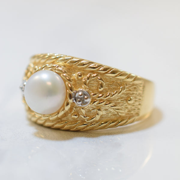 Button Pearl & Diamond Tapered Ring | 0.60ct, 0.01ctw | SZ 6.75 |