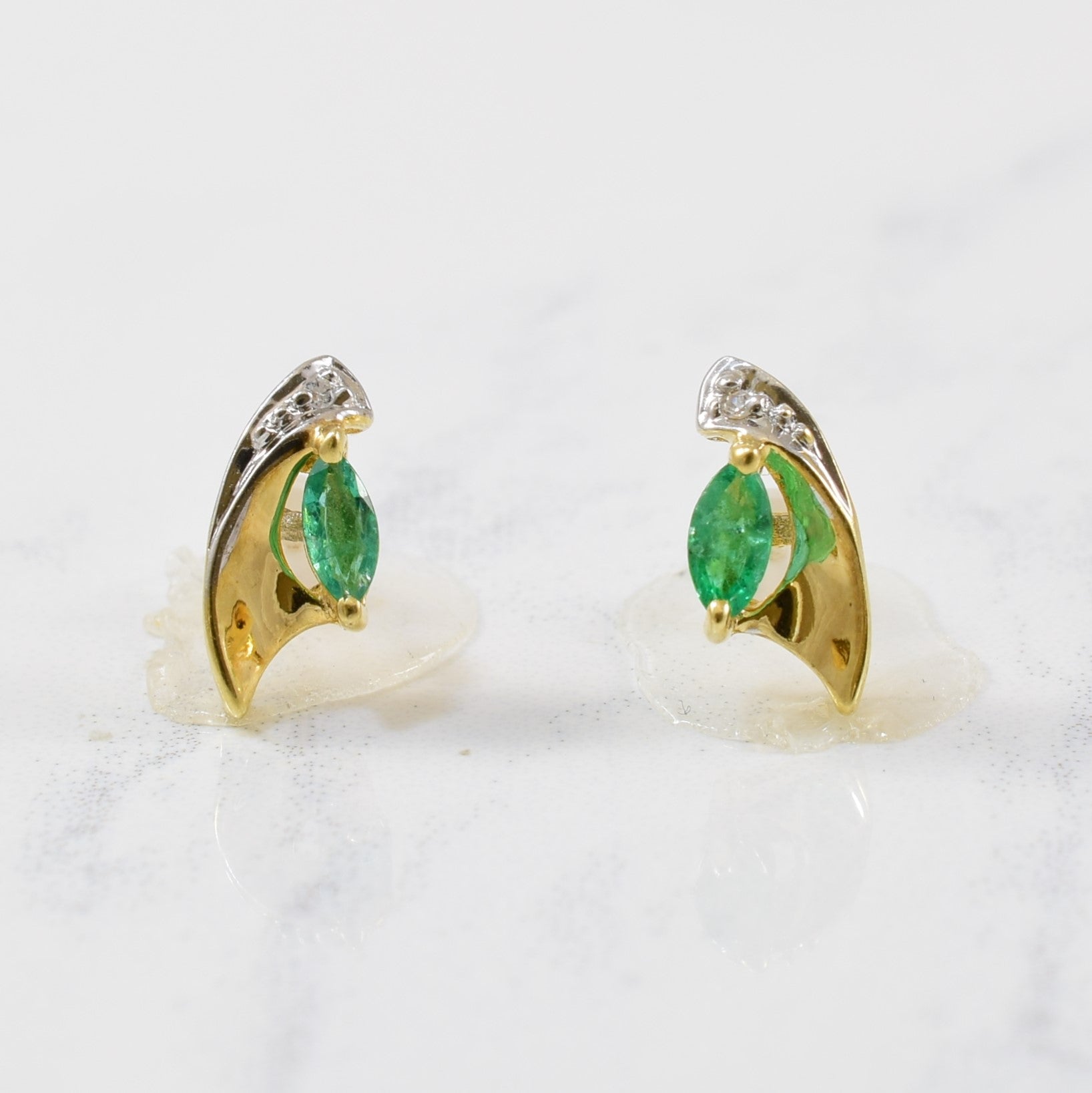 Marquise Emerald & Diamond Stud Earrings | 0.15ctw, 0.005ctw |