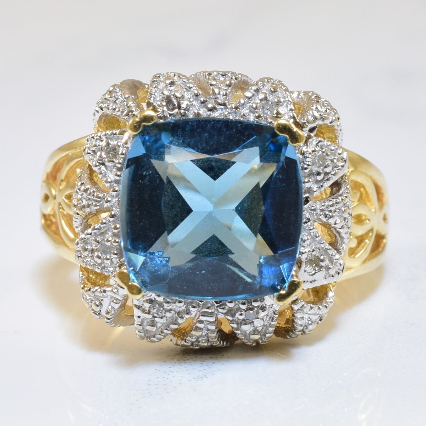 London Blue Topaz & Diamond Filigree Ring | 5.00ct, 0.06ctw | SZ 6.5 |