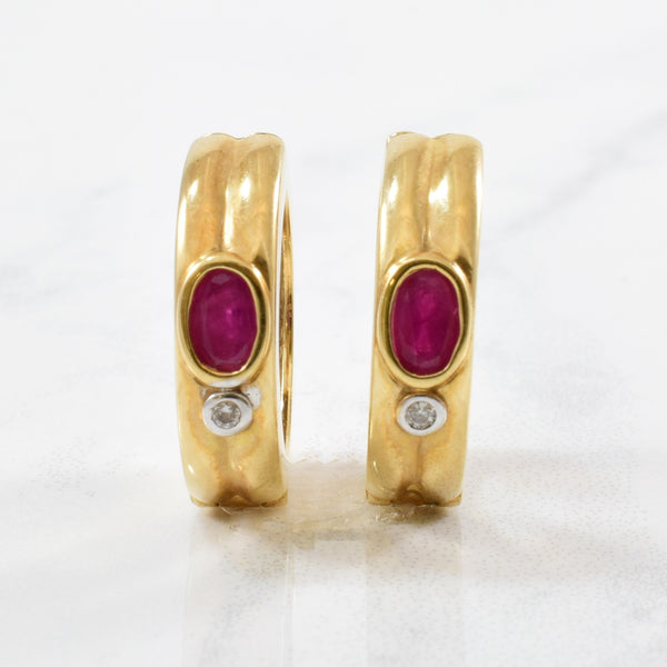Bezel Set Ruby & Diamond Hoop Earrings |0.02 ctw |