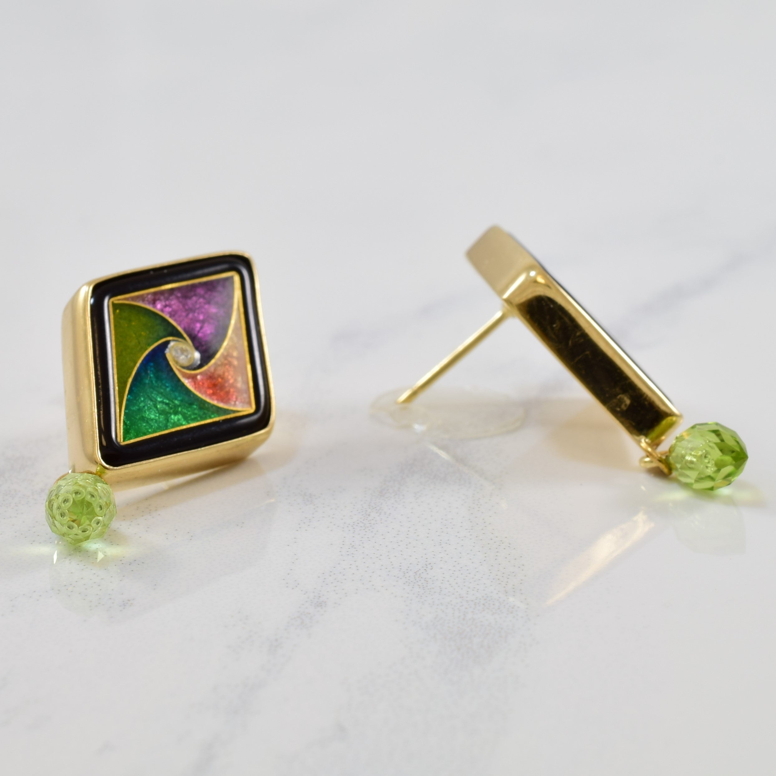 Magick Fusager' Enameled Drop Stud Peridot Earrings | 0.01ctw, 3.00ctw |