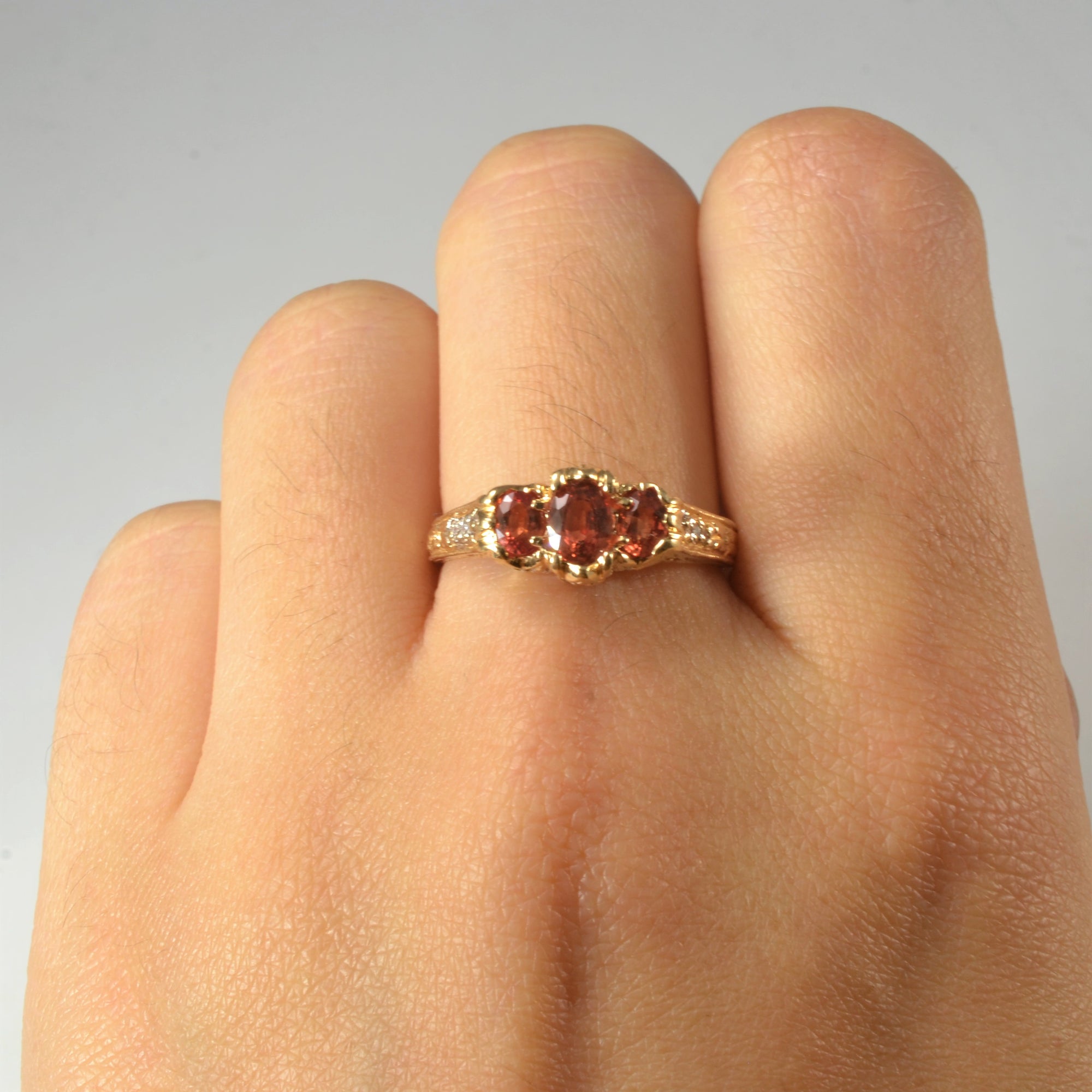 Three Stone Orange Sapphire & Diamond Ring | 1.00ctw, 0.06ctw | SZ 7.5 |