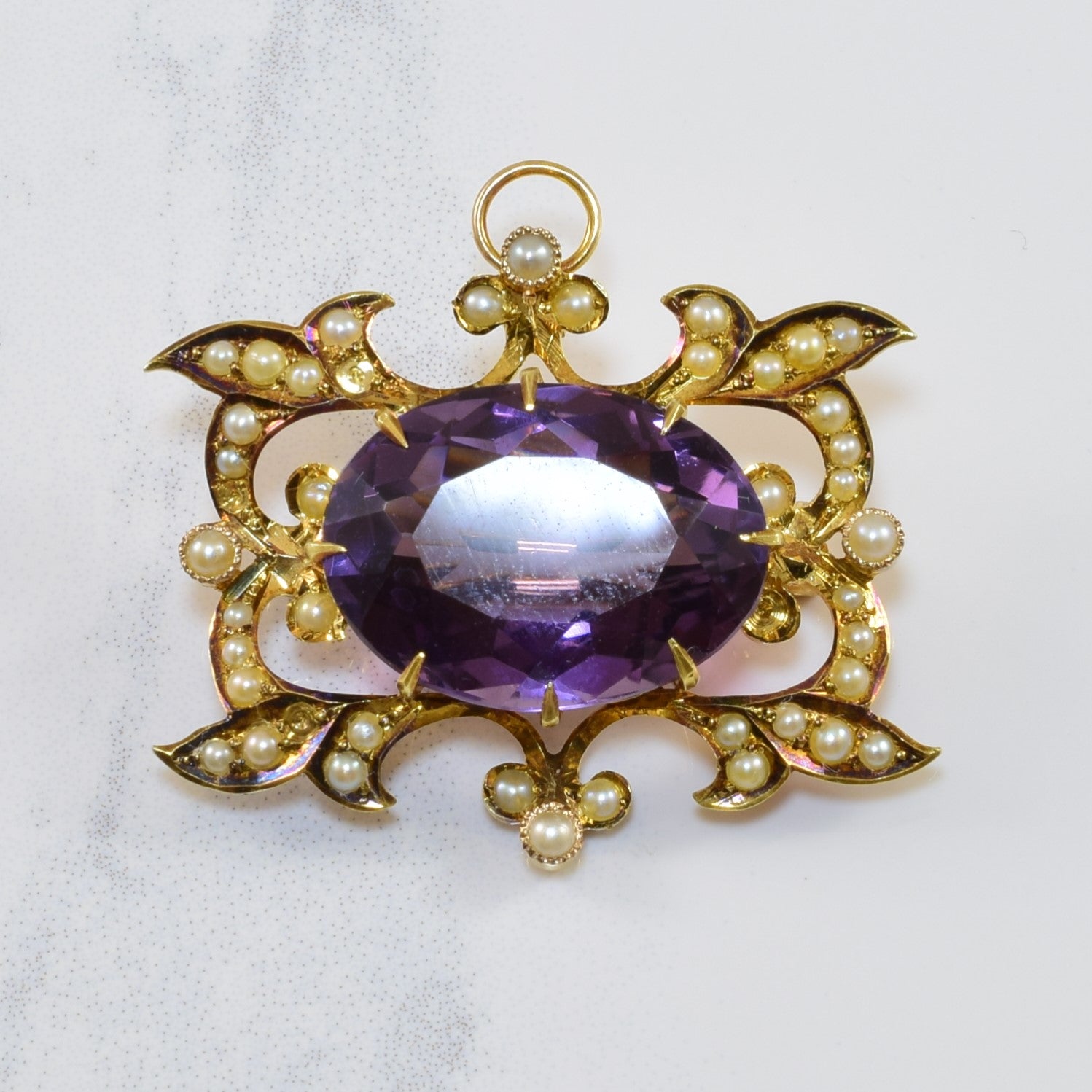 Edwardian Amethyst & Seed Pearl Pendant/Brooch | 12.50ct, 1.00ctw |