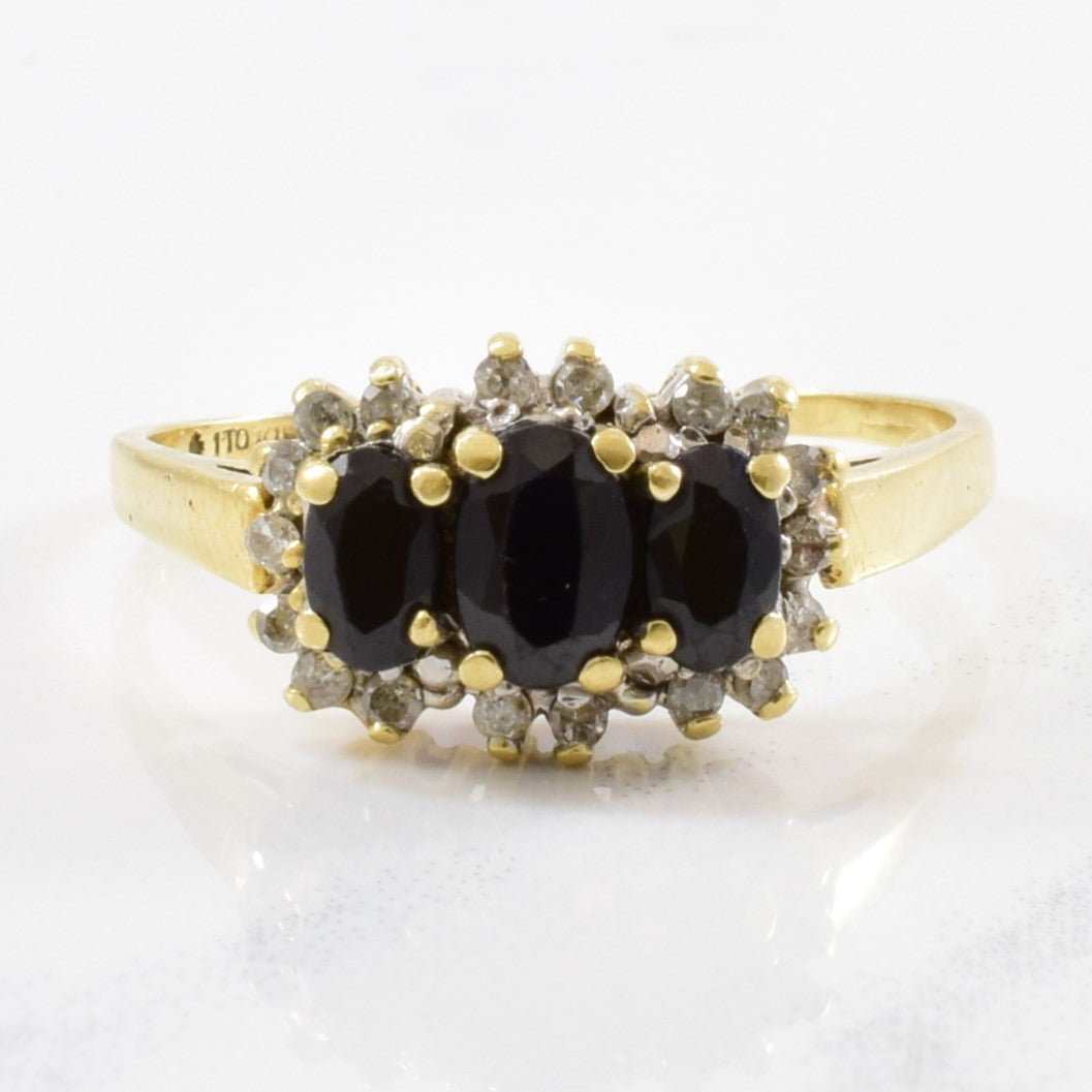 Three Stone Sapphire & Diamond Halo Ring | 0.18ctw, 1.00ctw | SZ 9 |