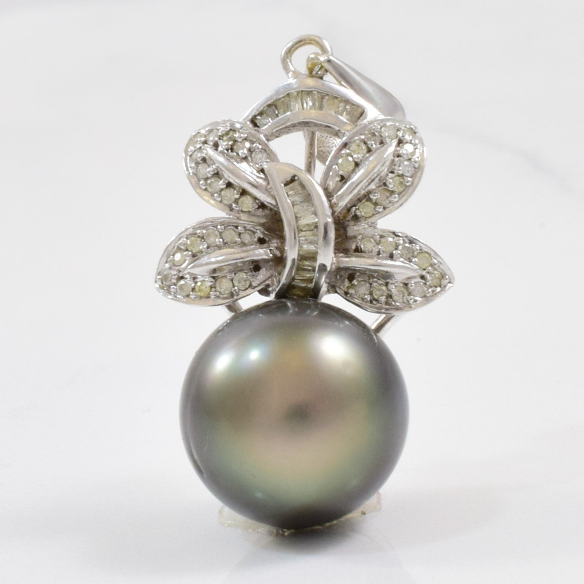Black Pearl & Diamond Bow Pendant | 0.30 ctw |