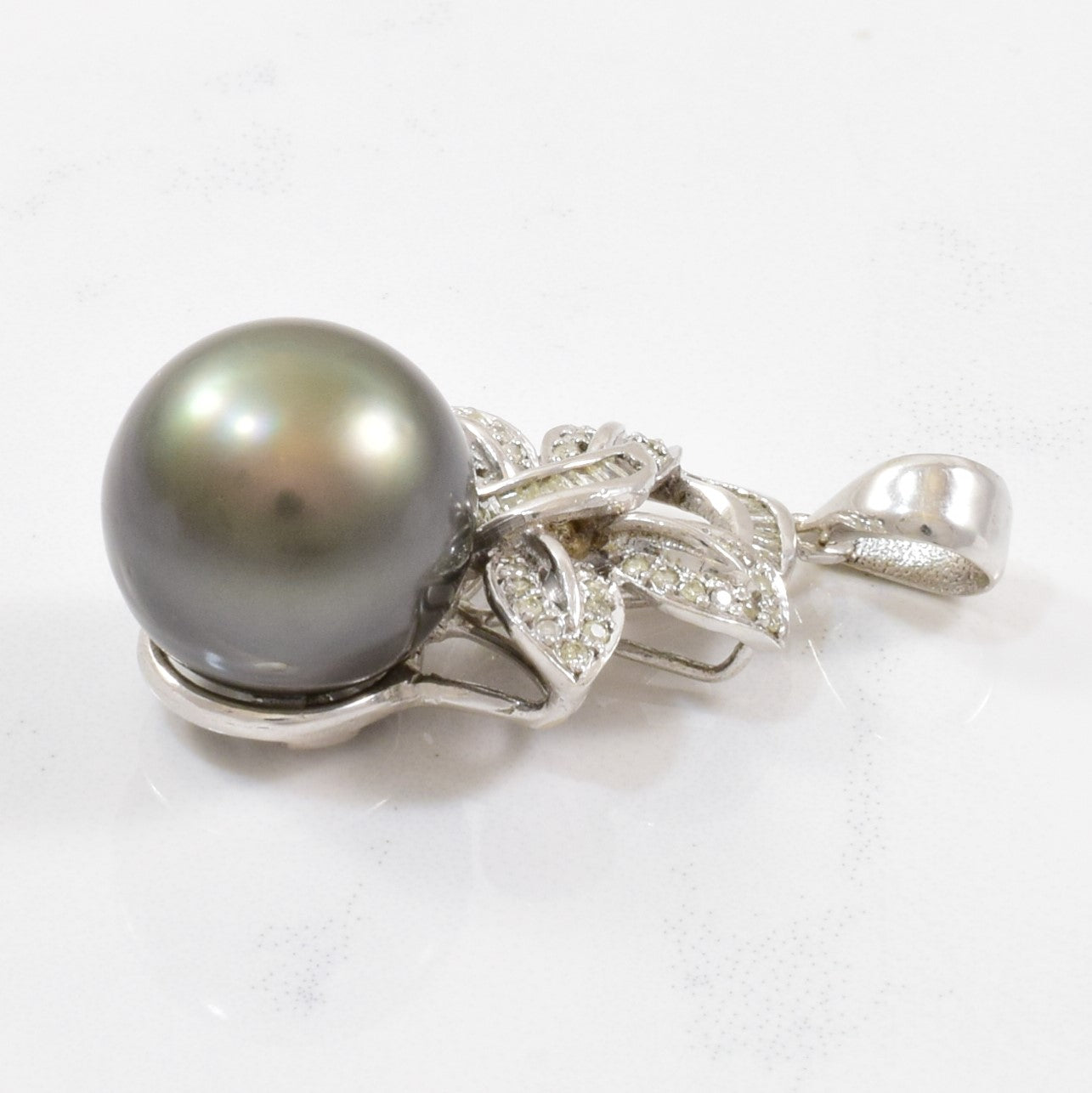 Black Pearl & Diamond Bow Pendant | 0.30 ctw |