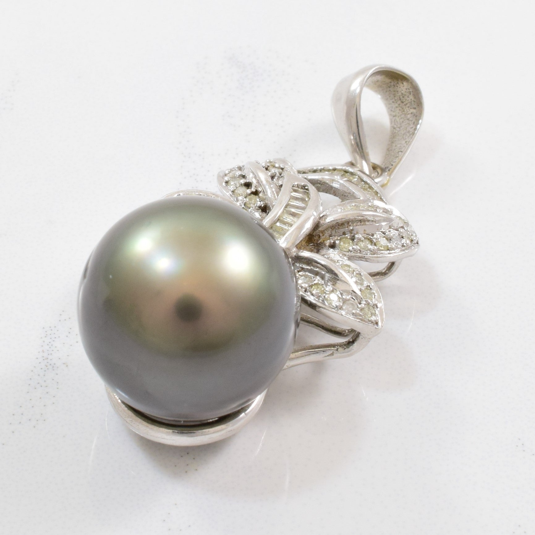 Black Pearl & Diamond Bow Pendant | 0.30 ctw |