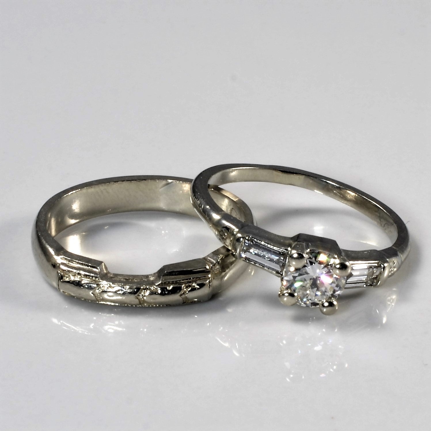 Mid Century Three Stone Diamond Wedding Set | 0.61ctw | SZ 5 |