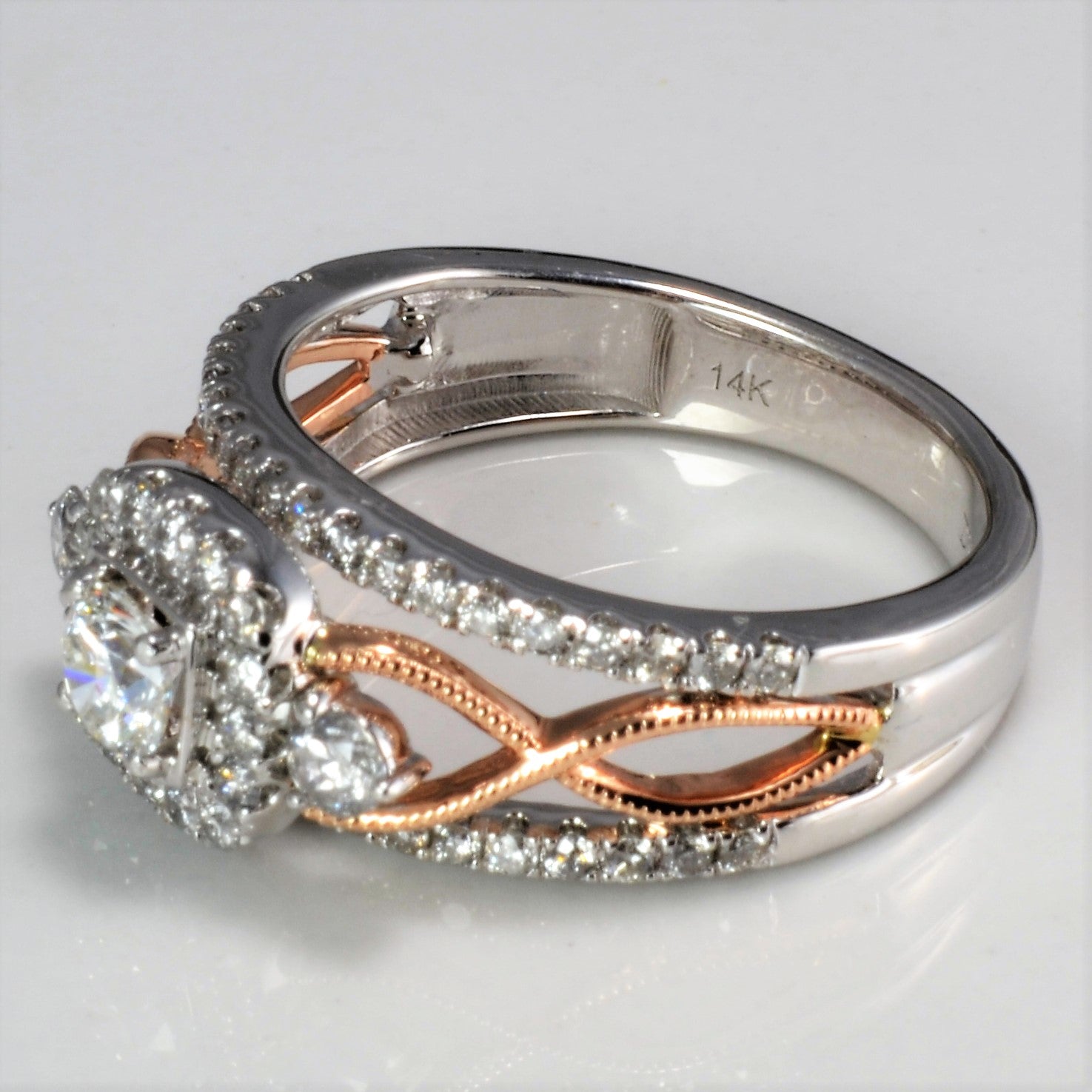 Pave Diamond Two Tone Engagement Ring | 0.72 ctw, SZ 7 | VS2, H |