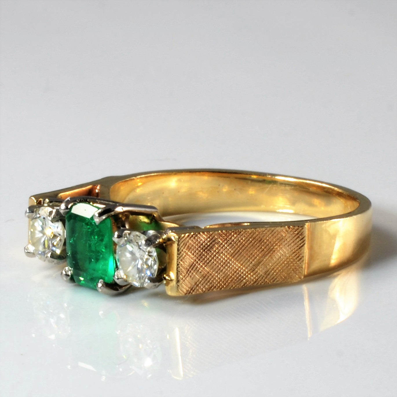 authentic emerald ring with two diamonds, three stone set vintage ring