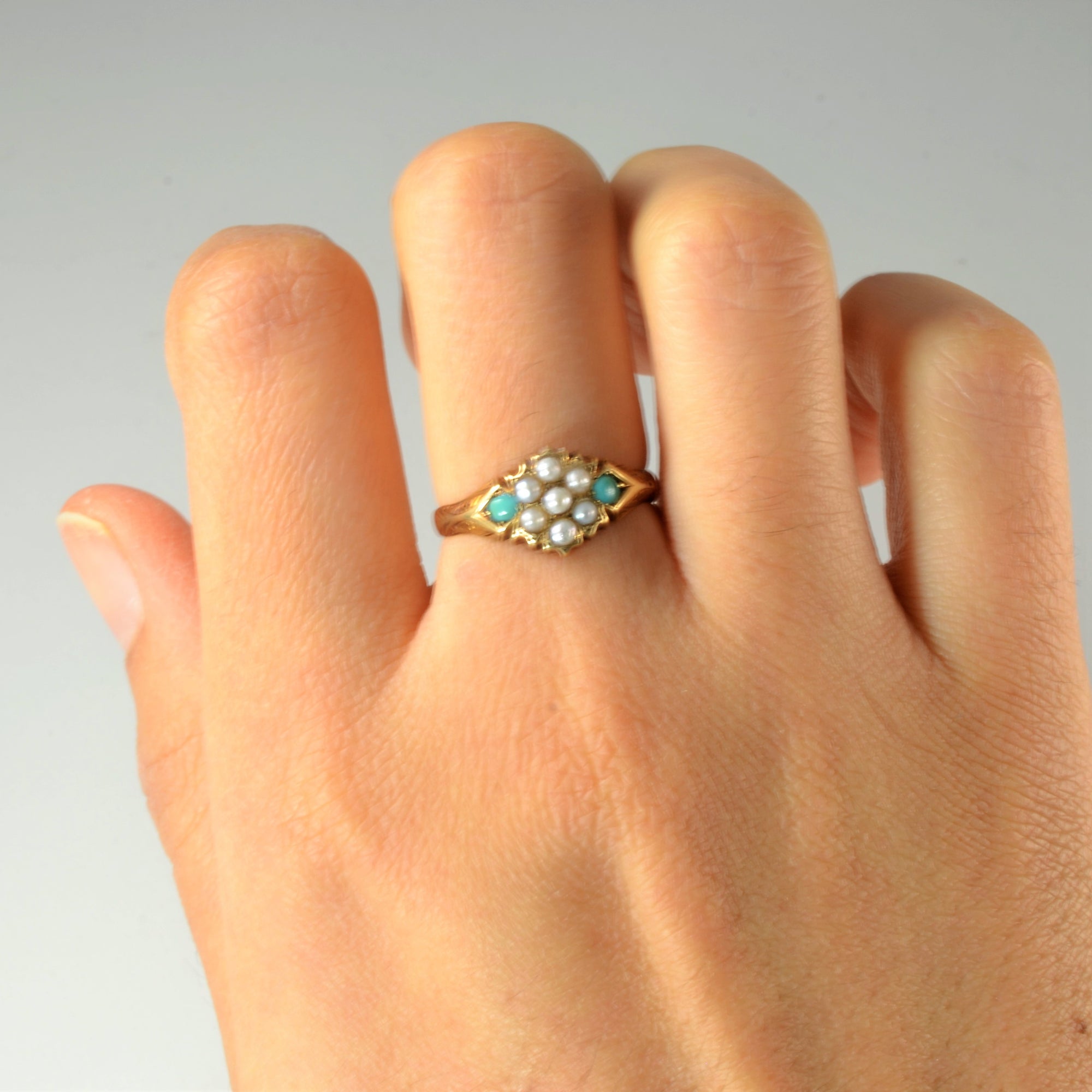 Victorian Era Turquoise & Seed Pearl Ring | 0.16ctw | SZ 6.5 |