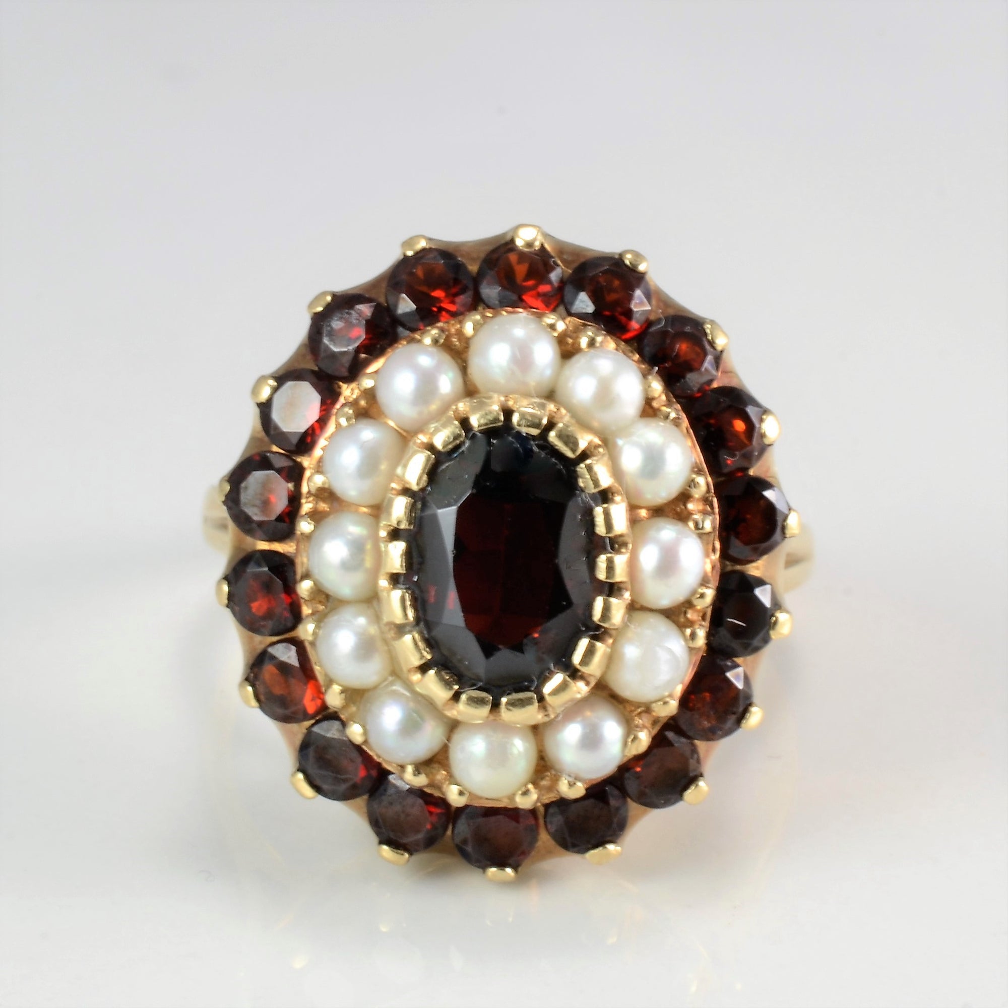 Cluster Garnet & Seed Pearl Ladies Vintage Cocktail Ring | SZ 7 |